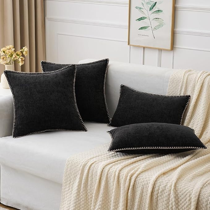 MIULEE Decorative Couch Throw Pillow Covers 18x18 Inch Black 2 Pack | Halloween Farmhouse Pillow Covers with Stitched Edge, Soft Chenille Cushion Cases, for Sofa Bed Living Room Home Decor