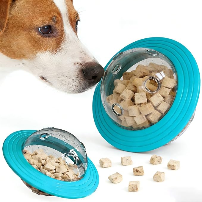 Dog Treat Dispenser Toy Planet Shaped Interactive Dog Toys Slow Feeder Treat Puzzle Dog Toy for Dogs Bite Resistant PC Roller for Training and Indoor Outdoor Play 6.5 in (Blue)