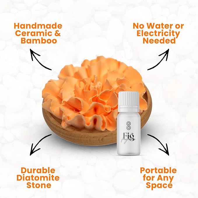 Aroma Diffuser Diatomite Carnation Flower with Wooden Stand Essential Oil Diffuser with Aromatherapy Fig Fragrance Oil Diffusers for Home, Room Decor | 10 ML (Diatomite Carnation Flower (Orange))
