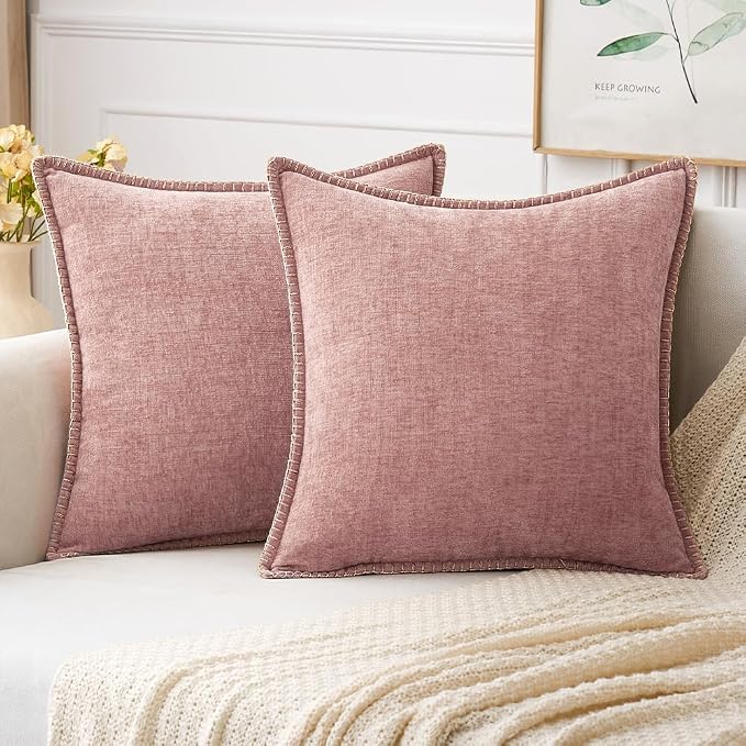 MIULEE Decorative Couch Throw Pillow Covers 18x18 Inch Blush Pink 2 Pack | Farmhouse Pillow Covers with Stitched Edge, Soft Chenille Cushion Cases, for Sofa Bed Living Room Home Decor