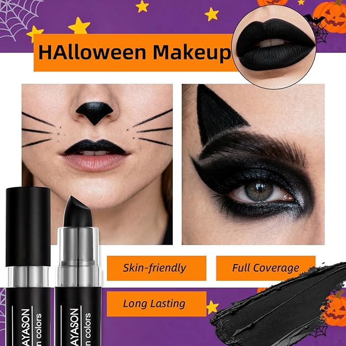 Halloween Black Cat Makeup Kit, Ears Headband, Black Lipstick, Eyeliner, Tail, and Bell Collar, Costume Accessories for Cosplay Party SFX Makeup