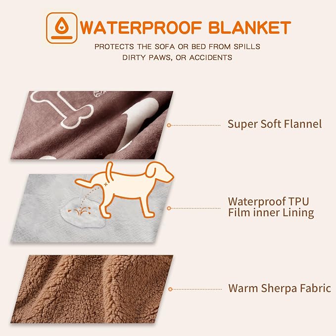 Washable Waterproof Dog Blankets for Large Dogs 50"x60" Brown | Soft Fluffy Pet Blanket for Couch Sofa Car Crate, Bed Furniture Protector, Reversible Sherpa Fleece Dog Blanket