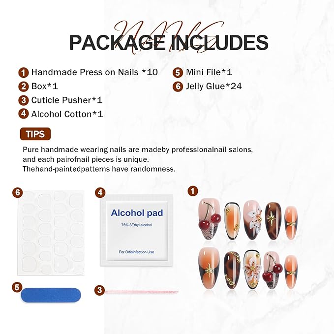 Handmade Press On Nails Almond, Luxury French Tips with Leopard Print, 3D Cherry & Flowers Rhinestones Design Short Fake Nails, Salon-Quality Reusable, Fall/Winter Gift, 10pcs