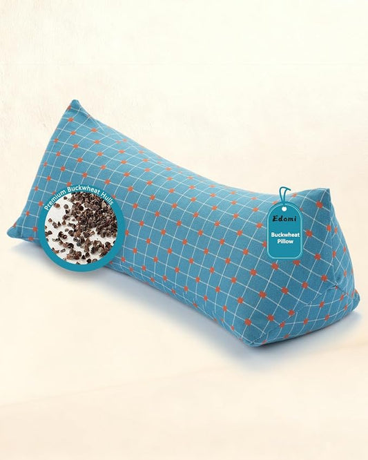 Cervical Buckwheat Roll Pillow for Sleeping,15.7"x5.9" Buckwheat Hulls Pillows Filling, Triangle Pillow for Neck Support Yoga Bolster, Adjustable Fill for Neck Pain Relief,Blue