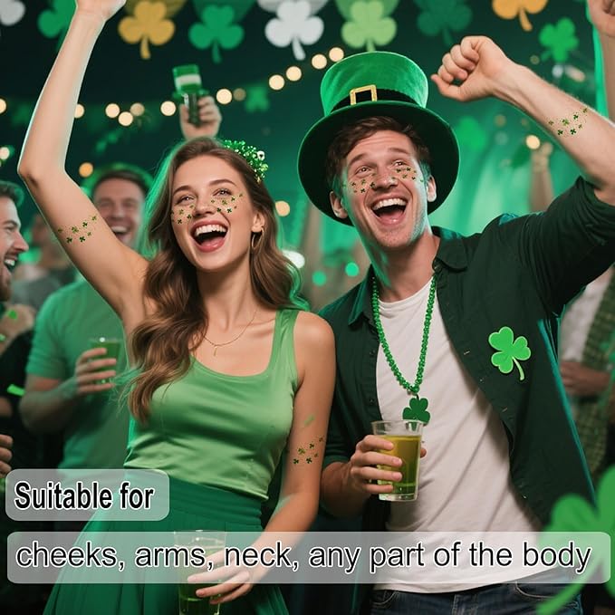 St. Patrick's Day Temporary Tattoos - Glitter Green Lucky Clover Freckle Tattoos, Shamrock Face & Body Decals for Irish Party, Festival Makeup, Kids & Adults (6 Sheets, Waterproof)