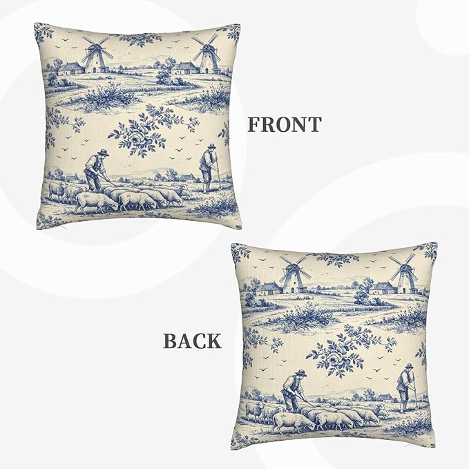 French Country Toile Pillow Covers 20x20 Set of 2, Blue & Cream Vintage Throw Pillow Covers Outdoor Decorative Pillow Case for Couch Bed Sofa Cushion Home Decor