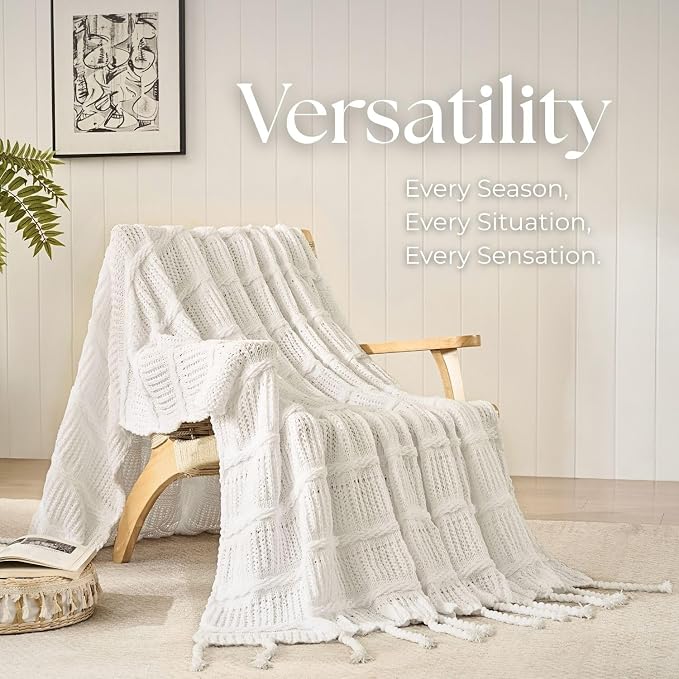 Boho Knitted Chenille Blanket with Tassels - Lightweight & Soft All-Season Throw - 3D Classic Pattern for Living Room Bedroom Couch, Cloud White, Throw 50"x60"