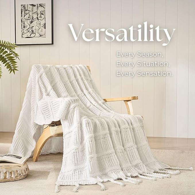 Boho Knitted Chenille Blanket with Tassels - Lightweight & Soft All-Season Throw - 3D Classic Pattern for Living Room Bedroom Couch, Cloud White, Queen 90"x90"