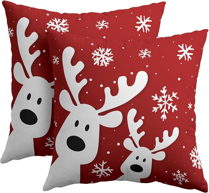 Kawani Christmas Reindeer Pillow Covers 18x18 Inches, Set of 2 Red Xmas Deers Snowflakes Cotton Linen Decorative Throw Pillowcase Cushion Cover for Sofa Couch Bedroom Indoor Outdoor
