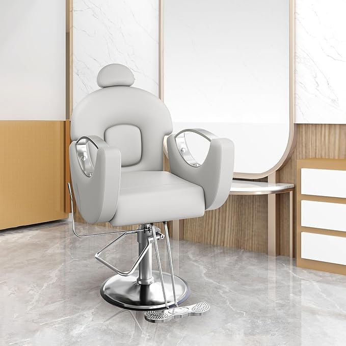 Barber Salon Chair, Reclining Salon Chair with Heavy Duty Hydraulic Pump, 360° Swivel and Height Adjustable, 330 LBS Capacity Spa Beauty Equipment Hairdresser Armchair for Barbershop- Grey & Silver