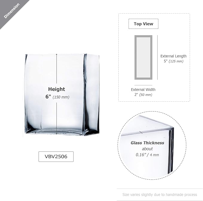 WGV Glass Rectangle Block Vase Bulk, Width x Length 2" x 5", Height 6", Clear Floral Planter Container Votive Candle Holder Wedding Party Event, Home Office Decor, 24 Pieces