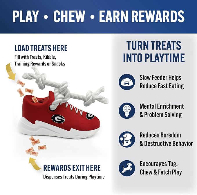 NCAA Georgia Bulldogs Cleat Sneaker Spike Dog Toy, Treat Dispenser Chew Toy for Dogs, Interactive Rope Tug Toy, Slow Feeder Natural Rubber Dog Toy with Official Team Logo for Puppies & Adult Dogs