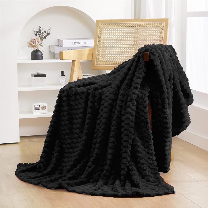 Puncuntex Black Throw Blanket 50"×60" inches Fuzzy 3D Jacquard Decorative | Flannel Fleece Super Soft Plush Cozy Blanket for Couch Sofa Chair Lightweight