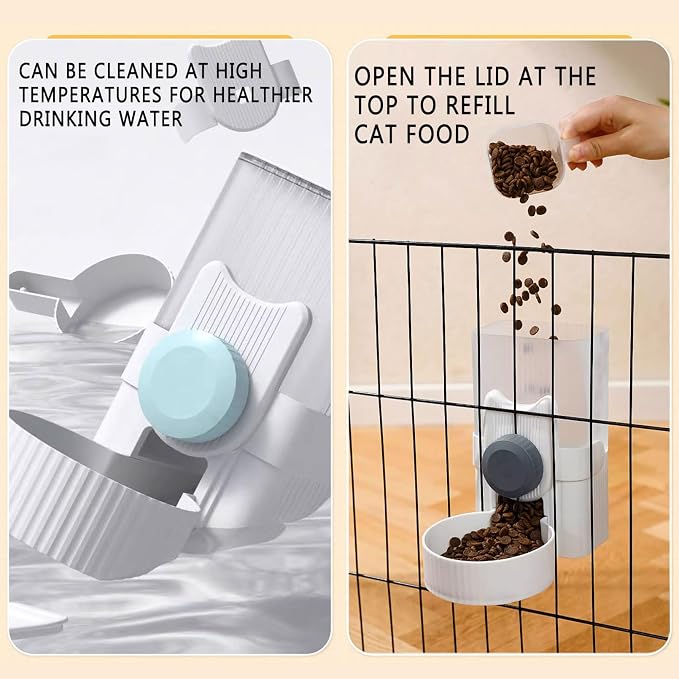 kathson Rabbit Feeder for Cage,Bunny Water Bottle,Pet Food Dispenser,Grey | Gravity Automatic Guinea Pig Feeder Waterer Set,Hanging Small Pet Food Bowl Feeding Station for Ferret Chinchilla Cat Puppy