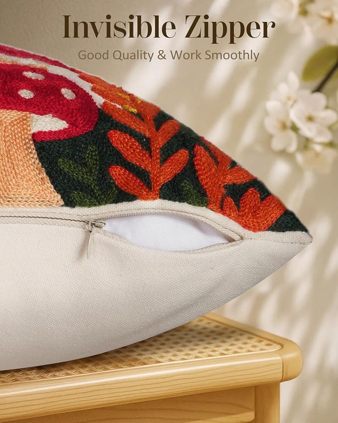 Embroidered Throw Pillow Cover 18x18 Inch, Mushroom Moon | Decorative Pillow Cover, Boho Cottagecore Cushion Case with Hidden Zipper, Home Decor for Couch, Sofa, Living Room, Bedroom