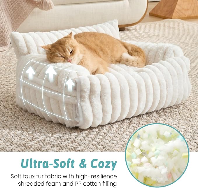 COZY KISS Cute Cat Bed with Removable Cover, Multifunctional Plush Faux Fur Pet Couch Bed with Blanket, Ultra-Soft Pet Furniture for Cats & Small Dogs (Cream, S: 25''x18'')