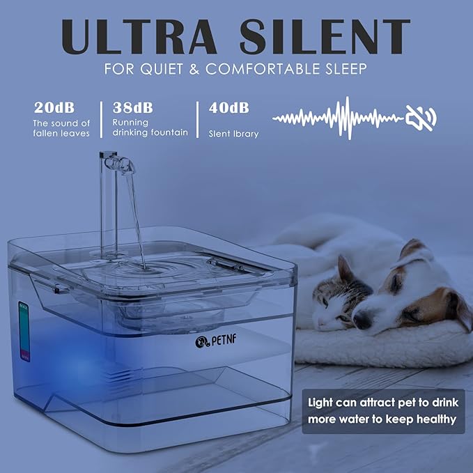 PETNF Transparent 3L/101oz Pet Water Fountain - Automatic Cat & Dog Dispenser with LED Light, Ultra Quiet Pump, 3 Flow Modes & 2 Filters