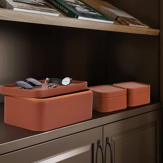 HofferRuffer Faux Leather Decorative Storage Boxes, Dust proof Storage Shelf Baskets with Lids Trays, Storage Bins Memory Box Organizer for Home, Office, Jewelry & More, Set of 3 (Brown)