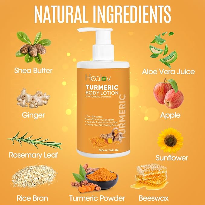 Healov Turmeric Lotion for Spots - Natural Turmeric Skin Brightening Cream for Face & Body - Cleanse Skin, Fight Acne, Even Tone, Clear Scars, Sun Damage, & Discoloration - with Vitamin C