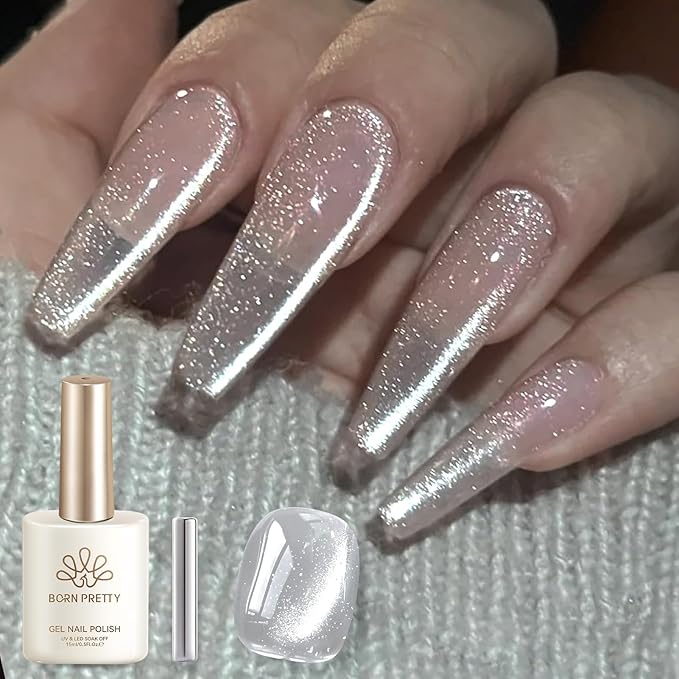 Born Pretty Cat Magnetic Eye Gel Nail Polish,15ML Water Light Silver Magnetic Gel Polish Silver White Jelly Glass Crystal Nail Polish Glitter Shimmer Auroras Gels Nail
