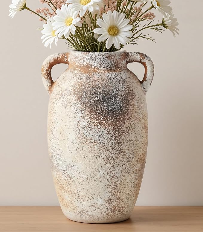 Ceramic Flower Vase, 9.8" Rustic Farmhouse Vase with Glazed Interior, Decorative Pottery Vase for Fresh Flowers, Eucalyptus, Dining Table Centerpiece, Entryway and Mantel Decor
