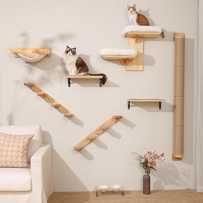 FUKUMARU Cat Climbing Shelf Wall Mounted, Large | Four Step Cat Stair, Natural Jute Scratching, Solid Rubber Wood, Kitten Shelves Furniture