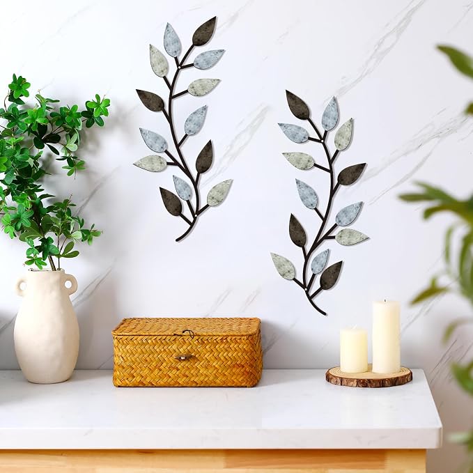 Zhengmy 2 Pcs Metal Leaf Wall Art Vine Branch Decor,Pastel Colors | Olive Branch Metal Decor for Living Room Hallway, Symmetrical Leaf Pair for Doorway Entryway, Lightweight Hanging Art Design