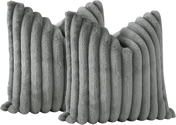 Soleebee Set of 2 Throw Pillow Covers Soft Cozy Velvet Pillowcase Faux Rabbit Fur Cover for Couch Sofa Bed Chair Home Decorative Pillows Cover (18x18 Inch, Grey)