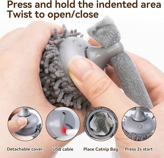 Migipaws Interactive Hedgehog Cat Toy 360° Rolling & Spin with Soft Plush Tail for Indoor Cats Smart Motion Sensor, Realistic Squeak, Rechargeable Plush Kitten Toy (Grey)