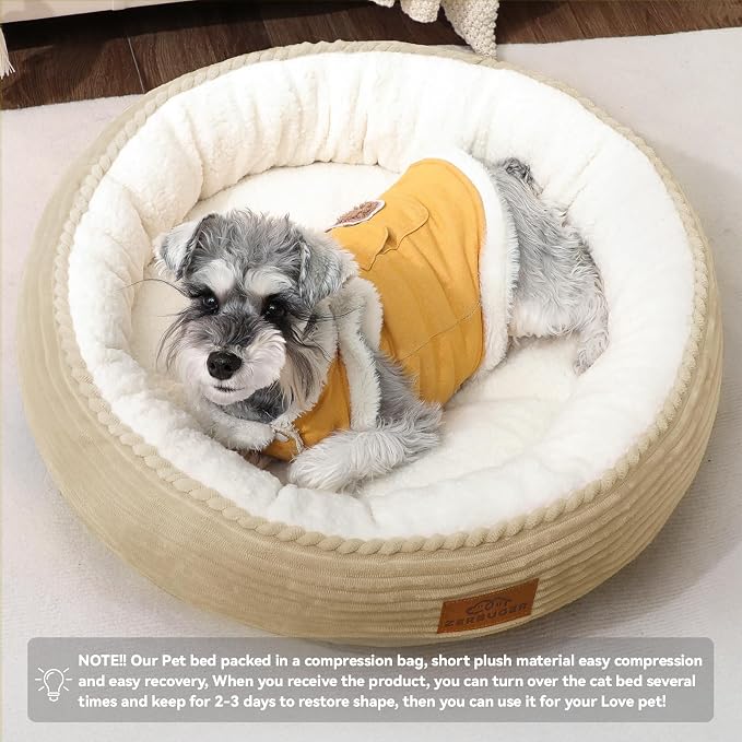 Zerbuger 23in Camel Round Dog Bed Sofa for Dogs Cats, Machine Washable | for Small/Medium/Large Dogs Cats, Foam Pet Couch with Removable Mat Non-Slip Bottom, Pet Cuddler for Indoor/Outdoor/Car/Cage
