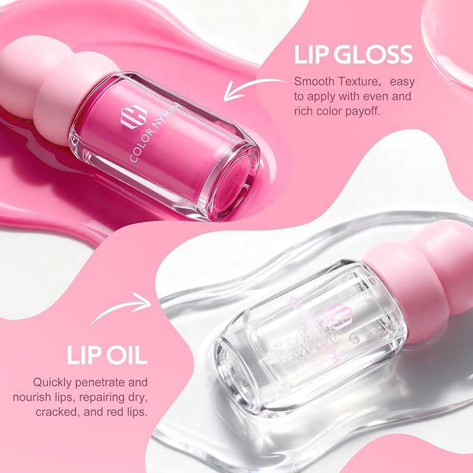 Color Nymph Lip Oil & Lip Gloss Set, Hydrating Non-Sticky Lip Makeup, Nourishing Lip Care with Jojoba Oil, Glossy Pigmented Finish, Summer Fruit