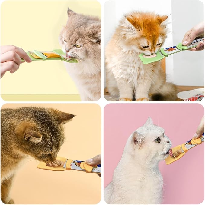 Idepet 4 Pcs Cat Strip Feeders Spoon,Cute Cats Treat Squeeze Spoons Pet Food Mixing Spoon Multifunctional Lickable Treat Feeding Dispenser for Cat Liquid Snack and Wet Food(Green&White&Yellow)