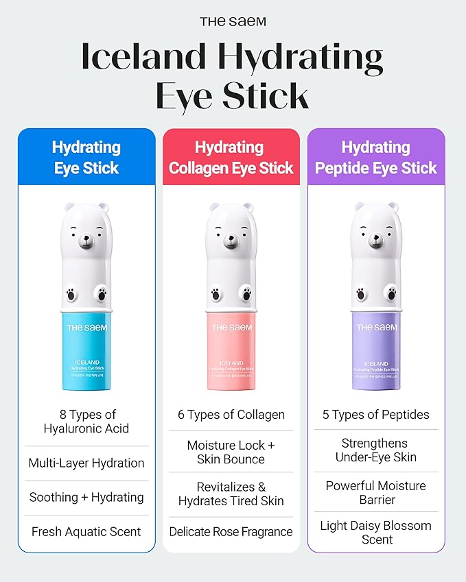 THESAEM Iceland Hydrating Eye Stick Bundle - 2 Pack (Hydrating + Peptide) 0.38 oz each - Cooling Balm for Dark Circles, Puffiness & Wrinkles - Under Eye Treatment with Niacinamide & 5-Peptide Complex