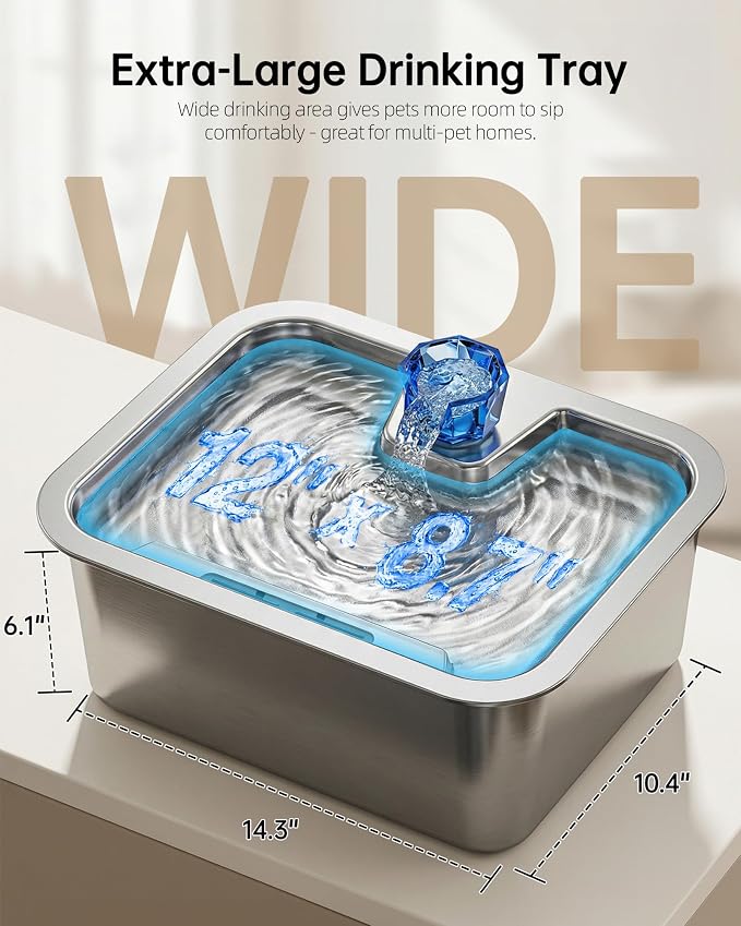 2.56Gal Large Dog Water Fountain Dispenser, 10L Stainless Steel Pet Fountain with 6 Filters, Corded Ultra Quiet Automatic Dog Water Bowl for Large and Multi-Pet Homes, 12 x 8.7 in Drinking Area