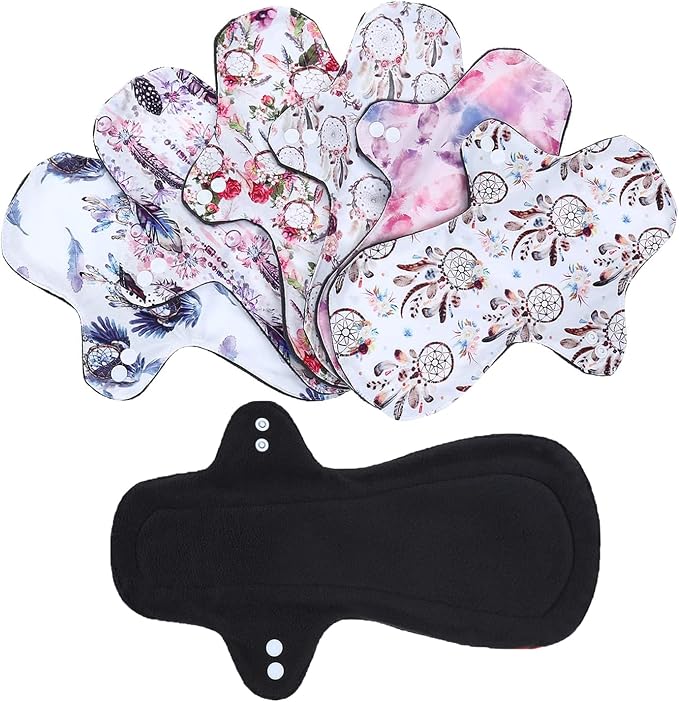 7PCS Pack Reusable Washable Incontinence Cloth Pads Including 6PCS Heavy Flow Feminine Hygiene Bamboo Charcoal Cloth Sanitary Pads Reusable Menstrual Pad + 1PC Mini Wet Bag