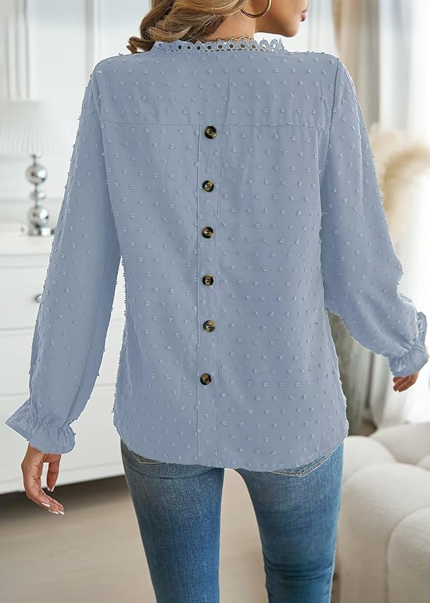 Womens Boho Tops Long Sleeve Shirts For Women Cute Crewneck Blouse Dressy Casual Swiss Dot Crochet Hollow Top 2026