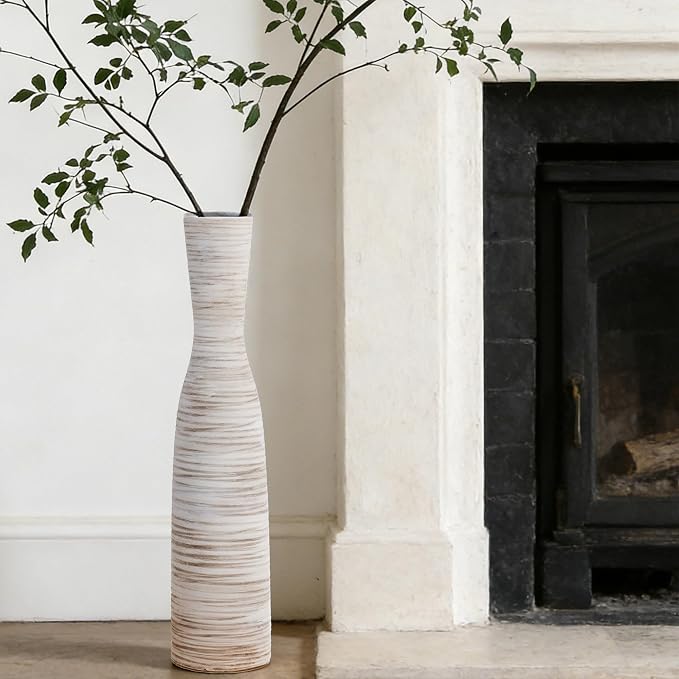 ALMA Tall Skinny Floor Vase, 20" White & Brown Modern Vases for Flower | Thin Decorative Vases, Seasonal Home Refresh, Fits Living Room, Entryway, Fireplace, Home Decor, Weddings and New Home gifts