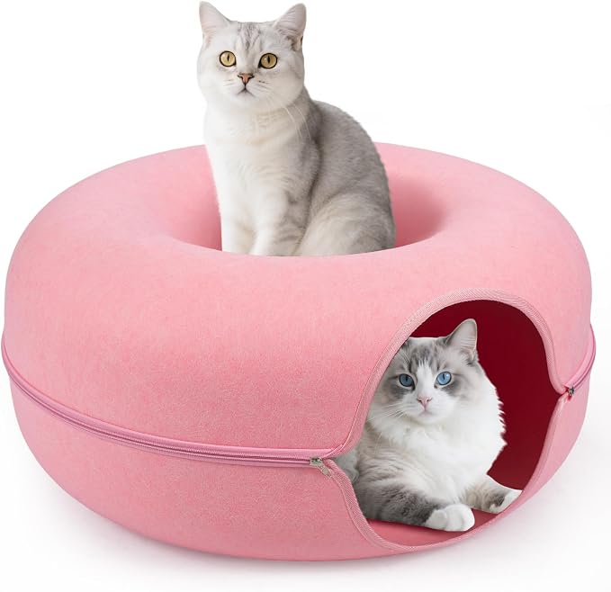 Cat Caves for Indoor Cats, Large Cat Tunnel for Multiple & Large Cats, Scratch Detachable Cave Bed, Kitten Donut Kitty Hideaway Up to 45 Lbs (Pink, Large, 2 Pack)