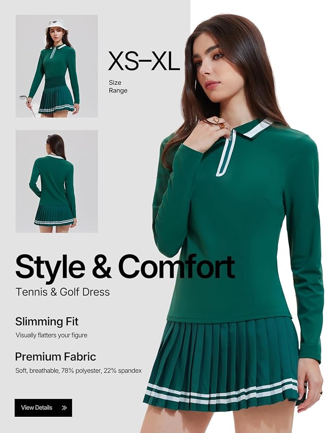 Women's 2-Piece Tennis Skirt Set, Polo V-Neck Top & High-Waisted Pleated Skirt, Athletic Outfit for Golf Pickleball