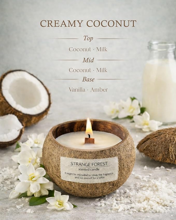 Creamy Coconut Coconut Shell Scented Candle for Home, Natural Soy Wax Wooden Wick Candles, Handmade Non Toxic Aromatherapy Candle Gifts for Women, 50 Hour Long Lasting Decorative Candle