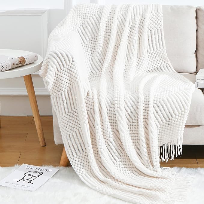 Blagic Soft Knitted Throw Blanket for Couch and Bed,White,50"x60" | Lightweight and Cozy,Farmhouse Boho Blanket with Tassel,Decorative for Living Room,Gifts for Adults,All Season Use