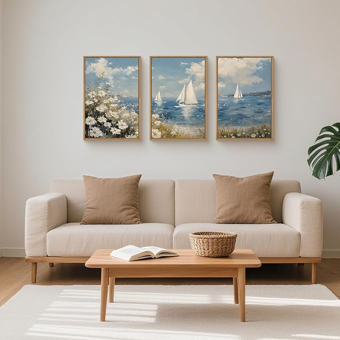 FWIEXA Beach Coastal Wildflower Canvas Wall Art Framed, Ocean Sailboats Pictures Wall Decor, Flower Seascape Painting, 3 Pieces 16x24In Nautical Blue Sky Artwork for Living Room, Bedroom, Bathroom, Rustic Farmhouse