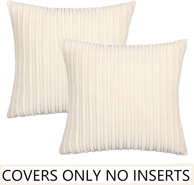 UGASA 18x18Inch Stripe Decorative Throw Pillow Covers Pack of 2 Soft Velvet Solid Square Cushion Case for Sofa Bedroom Couch, Cream