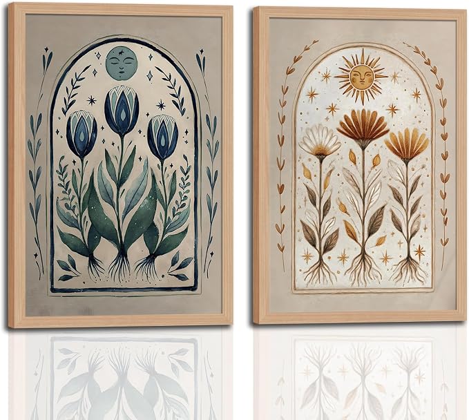 skysoon Boho Moon and Sun Wall Art Set of 2, Floral Botanical Prints | Earthy Tone Botanical Painting, Cottagecore Framed Picture Wall Decor for Living Room Bedroom Office 16x24 Inch