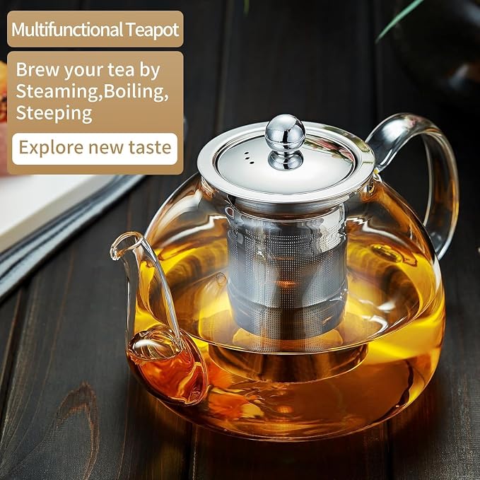 DOPUDO 39OZ (1150ML) Glass Teapot with Infuser Stovetop Safe, Clear Glass Tea Pot Kettle, Borosilicate Tea Pot with Infusers Filter for Loose Tea, Tea Kettle Dishwasher Safe