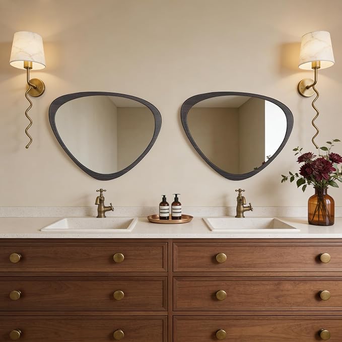 Asymmetrical Mirror, Irregular Wall Mirror, Wall Mirrors Decorative for Bedroom Living Room Entryway Hall, Wood Mirror for mid Century Modern Decor 25" H x 20" W, Dark Brown