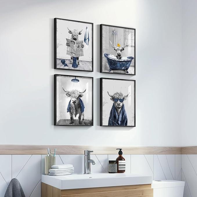 Framed Highland Cow Funny Animal Bathroom Wall Art, 4 Piece 8x10 In | Crystal porcelain coating, Waterproof prints, Navy blue and grey pictures, Wall decor for restroom toilet washroom