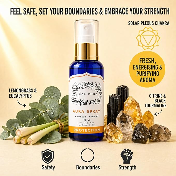 BALIPURA - Protection Crystal Aura Spray - Lavender and Lemongrass Essential Oil Blend, Black Tourmaline, Smoky Quartz and Citrine - 3.4 fl.oz