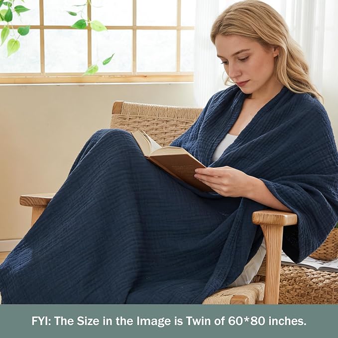 EMME Muslin Blankets for Adults Throw Blanket for Couch Breathable Gauze Soft Lightweight Airy Navy Twin 60" x 80"
