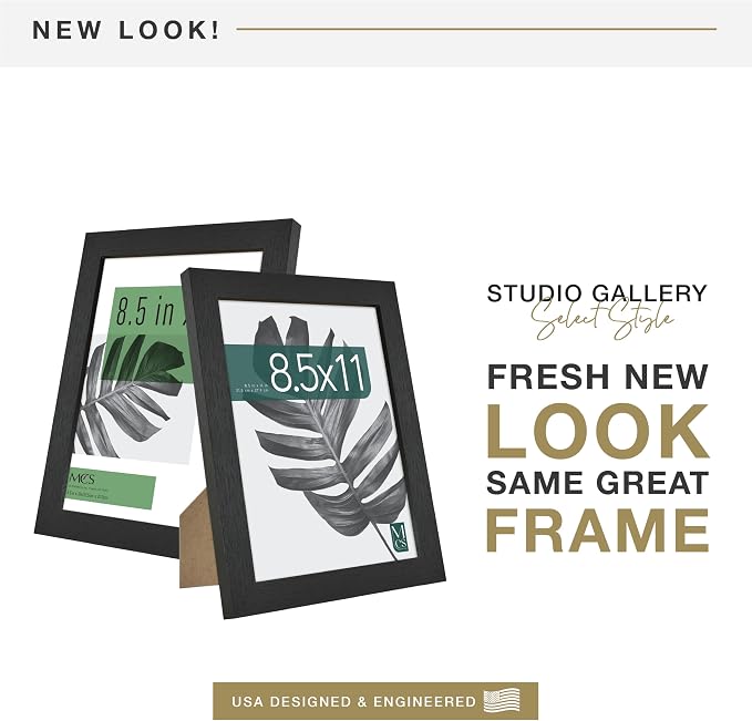 MCS Studio Gallery 8.5x11 Picture Frame Black Woodgrain Engineered Wood, Vertical & Horizontal Wall Hanging & Easel for Tapletop Display, Rectangle Photo Frame for Photos, Posters & Art Prints (1-Pack)